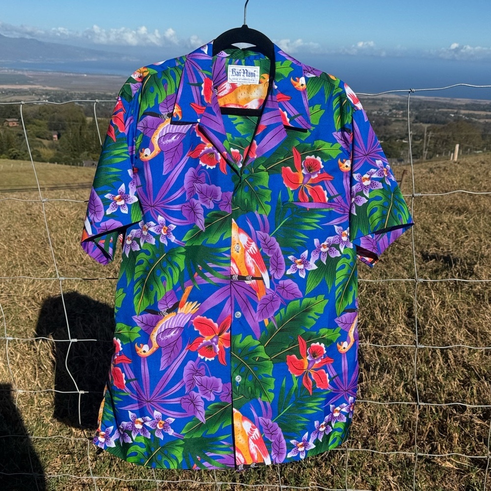 Vintage 70s Kai Nani Hawaii blue Purple Bird Aloha Shirt Magnum PI